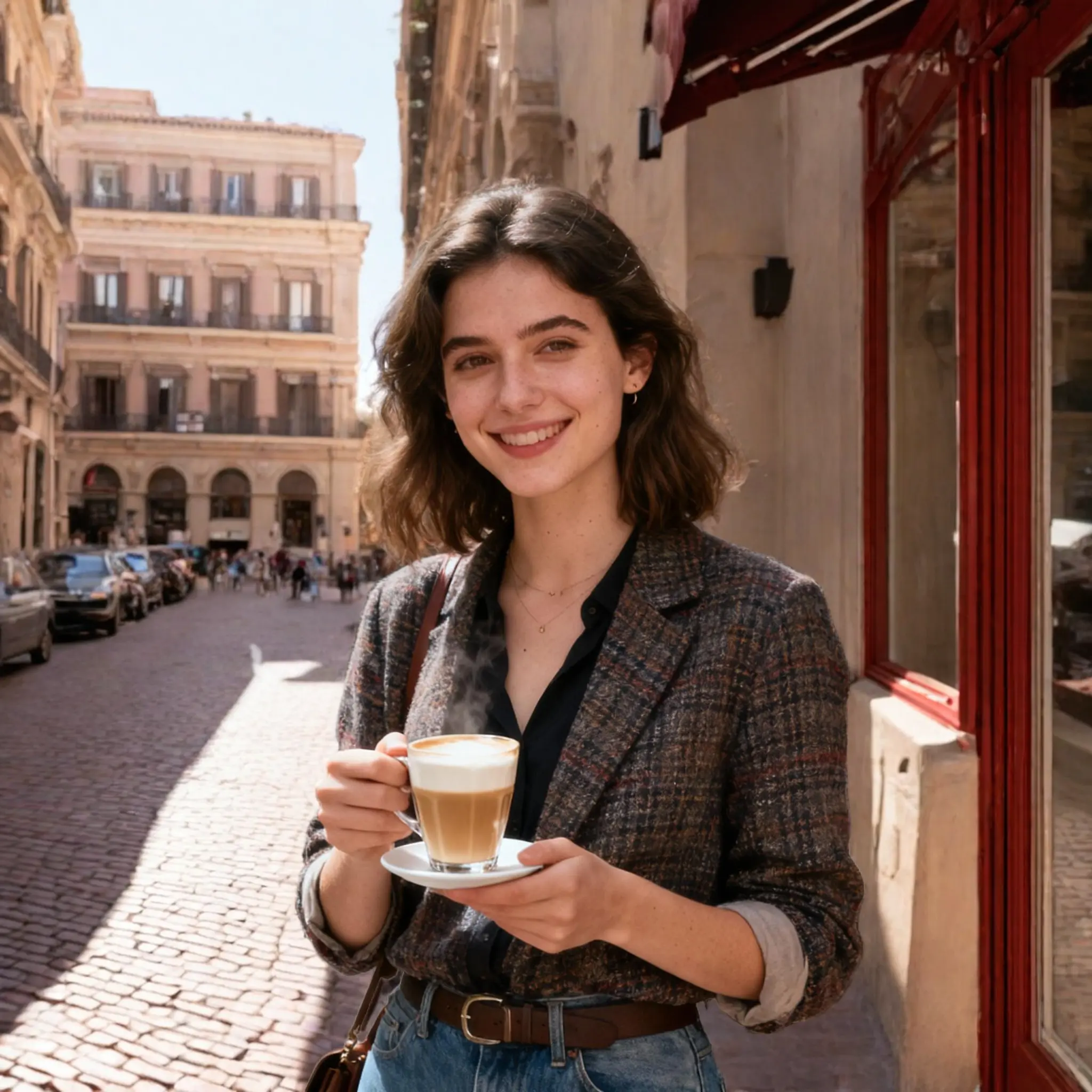 Same woman with coffee after AI background replacement - now in a charming Rome street setting with historic architecture