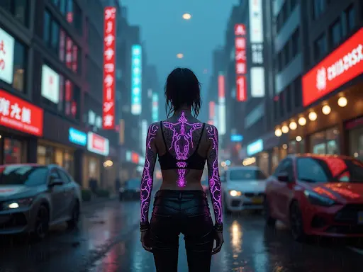 Cyberpunk scene generated by image to image AI tool with neon lights and futuristic details